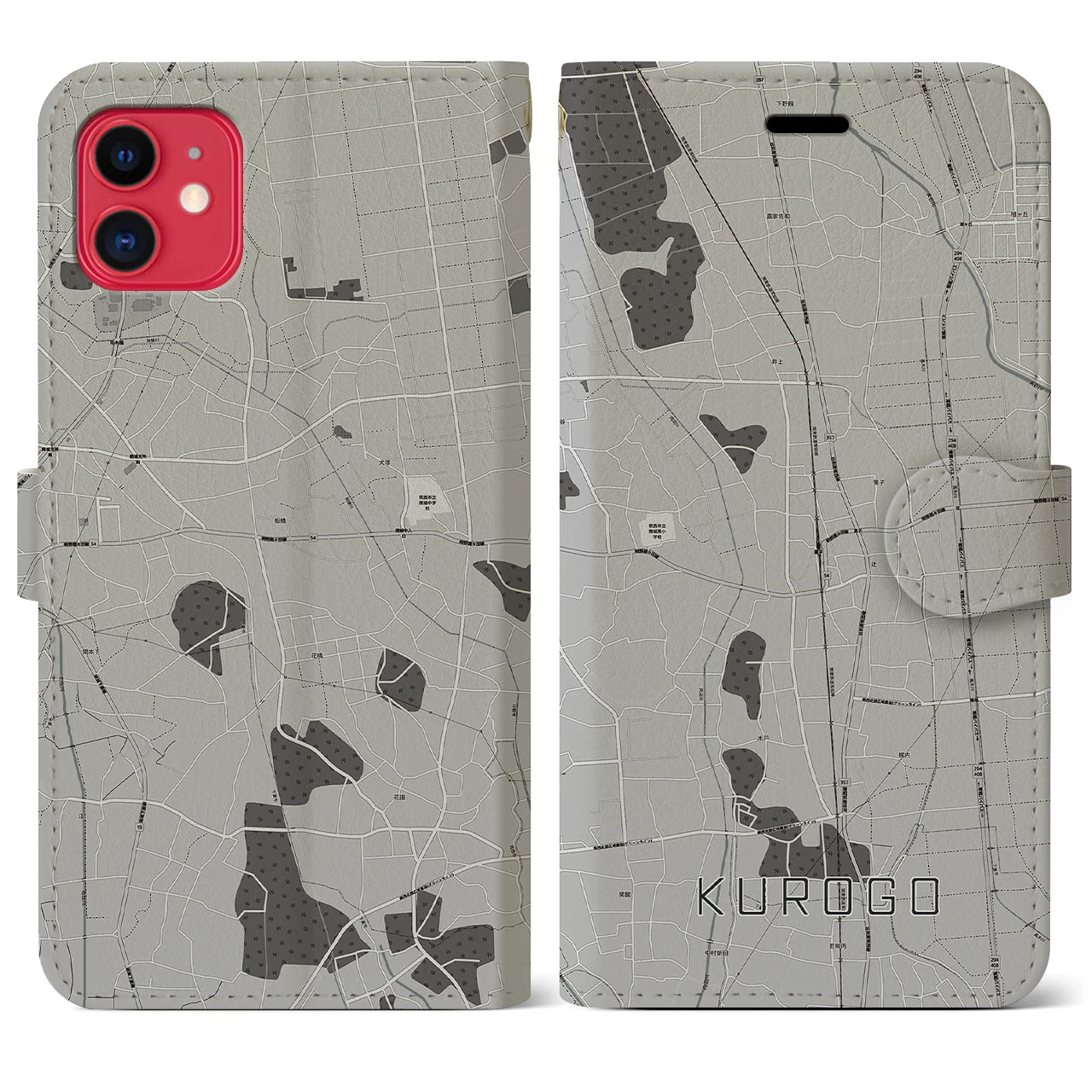 【黒子(茨城県)】地図柄iPhoneケース(手帳タイプ)モノトーン・iPhone 11 用