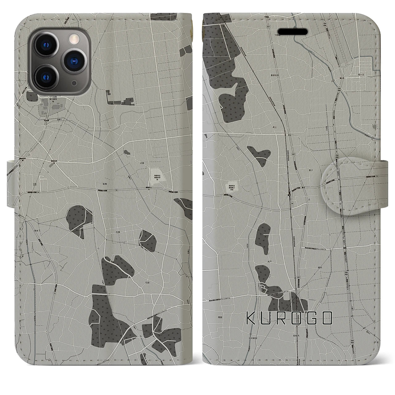 【黒子(茨城県)】地図柄iPhoneケース(手帳タイプ)モノトーン・iPhone 11 Pro Max 用