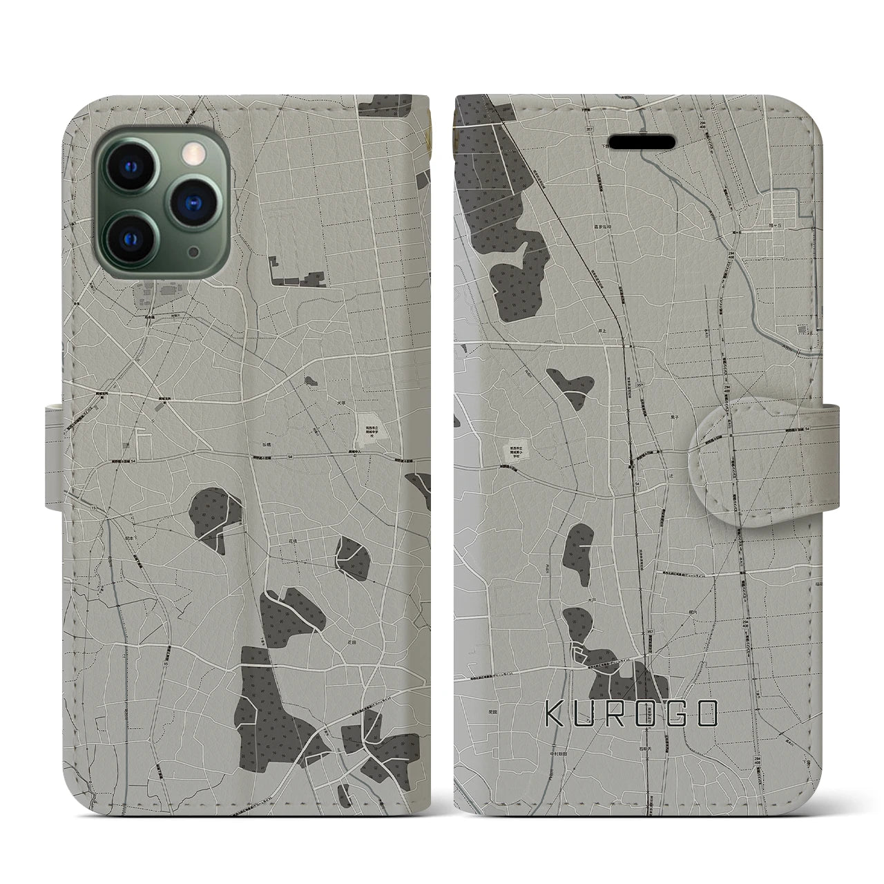 【黒子(茨城県)】地図柄iPhoneケース(手帳タイプ)モノトーン・iPhone 11 Pro 用