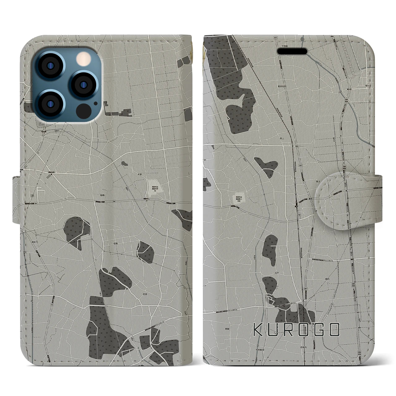 【黒子(茨城県)】地図柄iPhoneケース(手帳タイプ)モノトーン・iPhone 12 / 12 Pro 用
