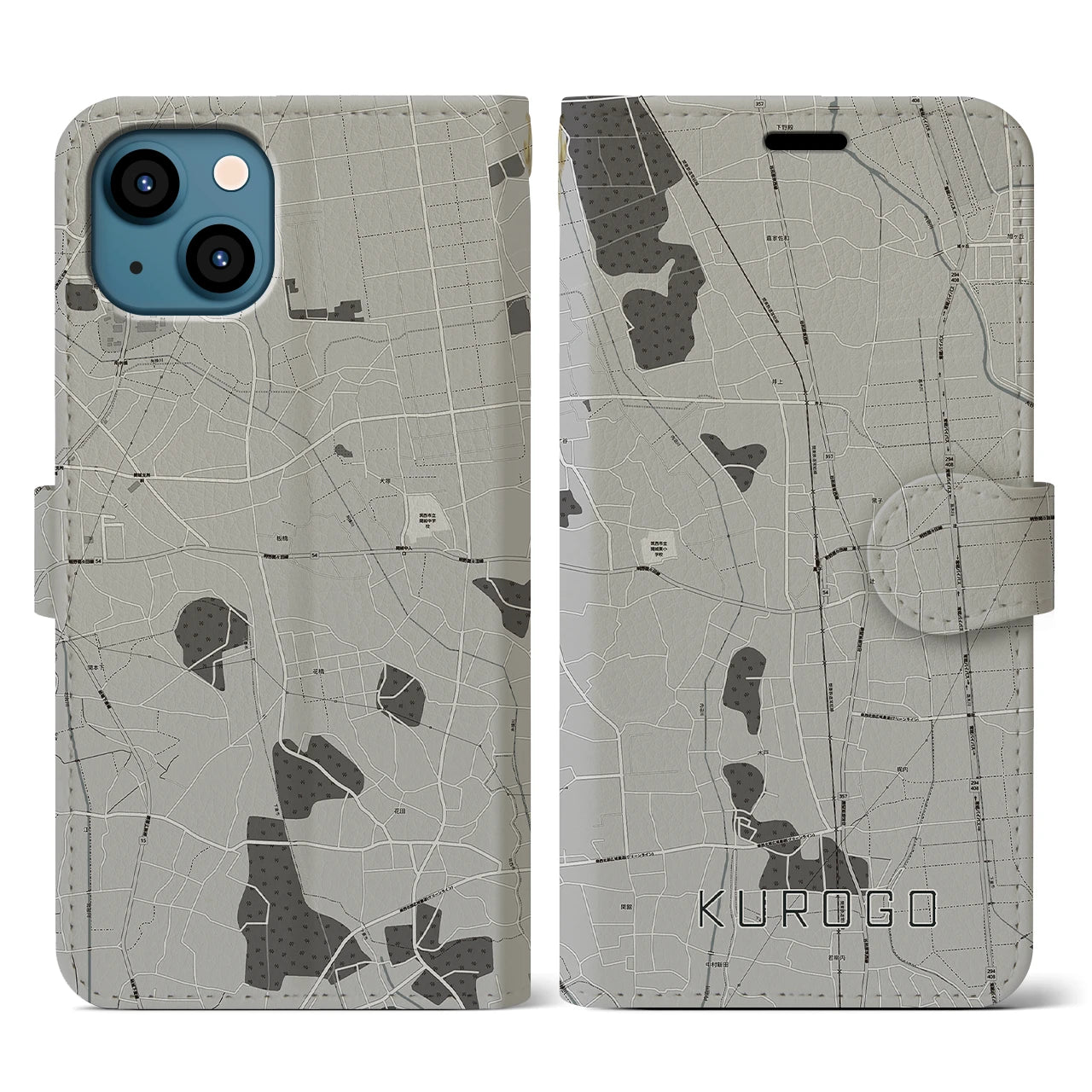 【黒子(茨城県)】地図柄iPhoneケース(手帳タイプ)モノトーン・iPhone 13 用