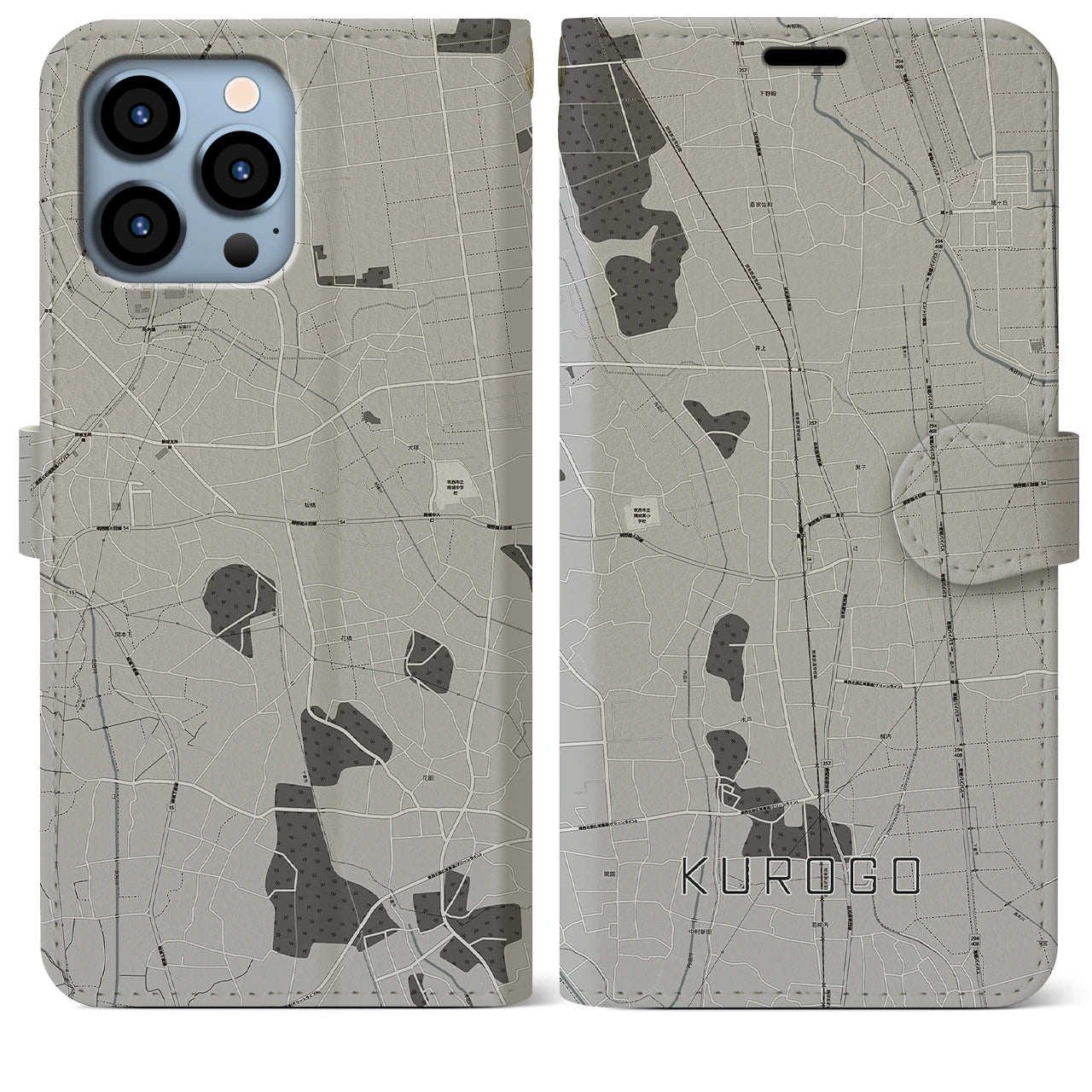 【黒子(茨城県)】地図柄iPhoneケース(手帳タイプ)モノトーン・iPhone 13 Pro Max 用