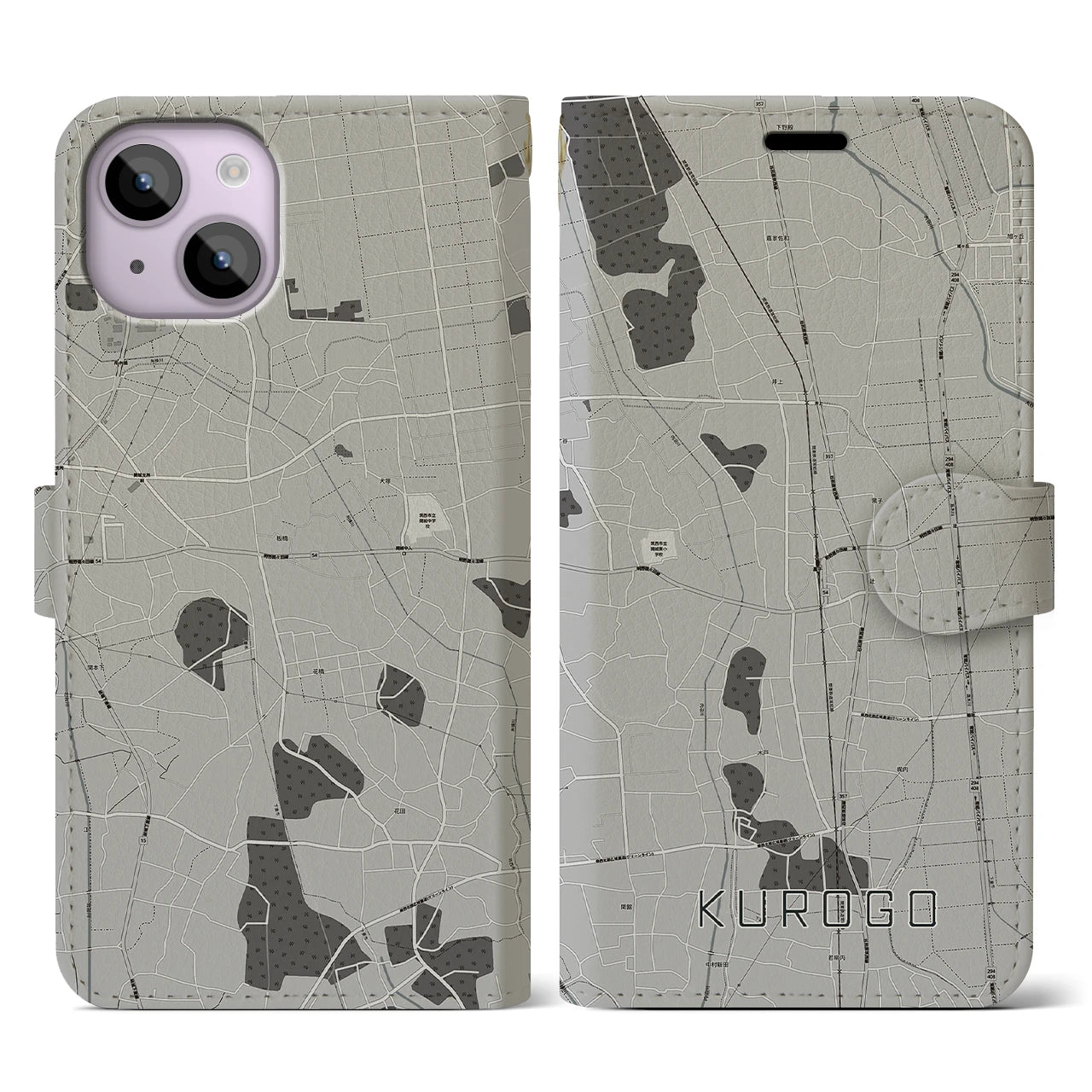 【黒子(茨城県)】地図柄iPhoneケース(手帳タイプ)モノトーン・iPhone 14 用