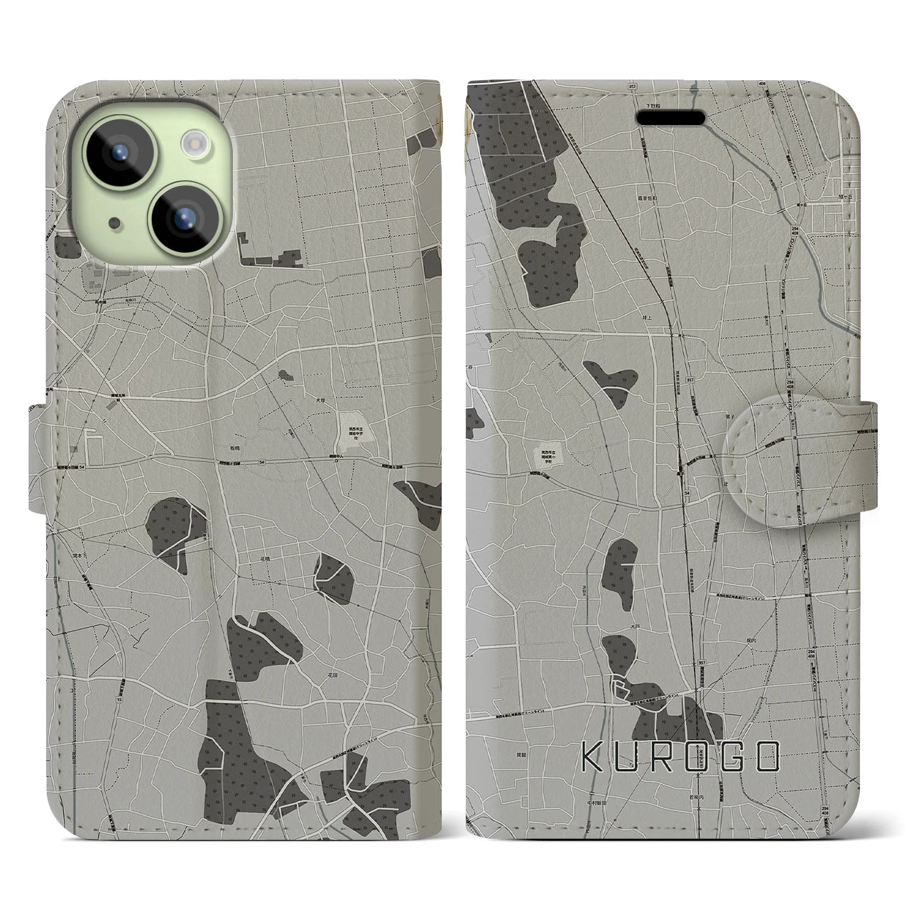 【黒子(茨城県)】地図柄iPhoneケース(手帳タイプ)モノトーン・iPhone 15 用