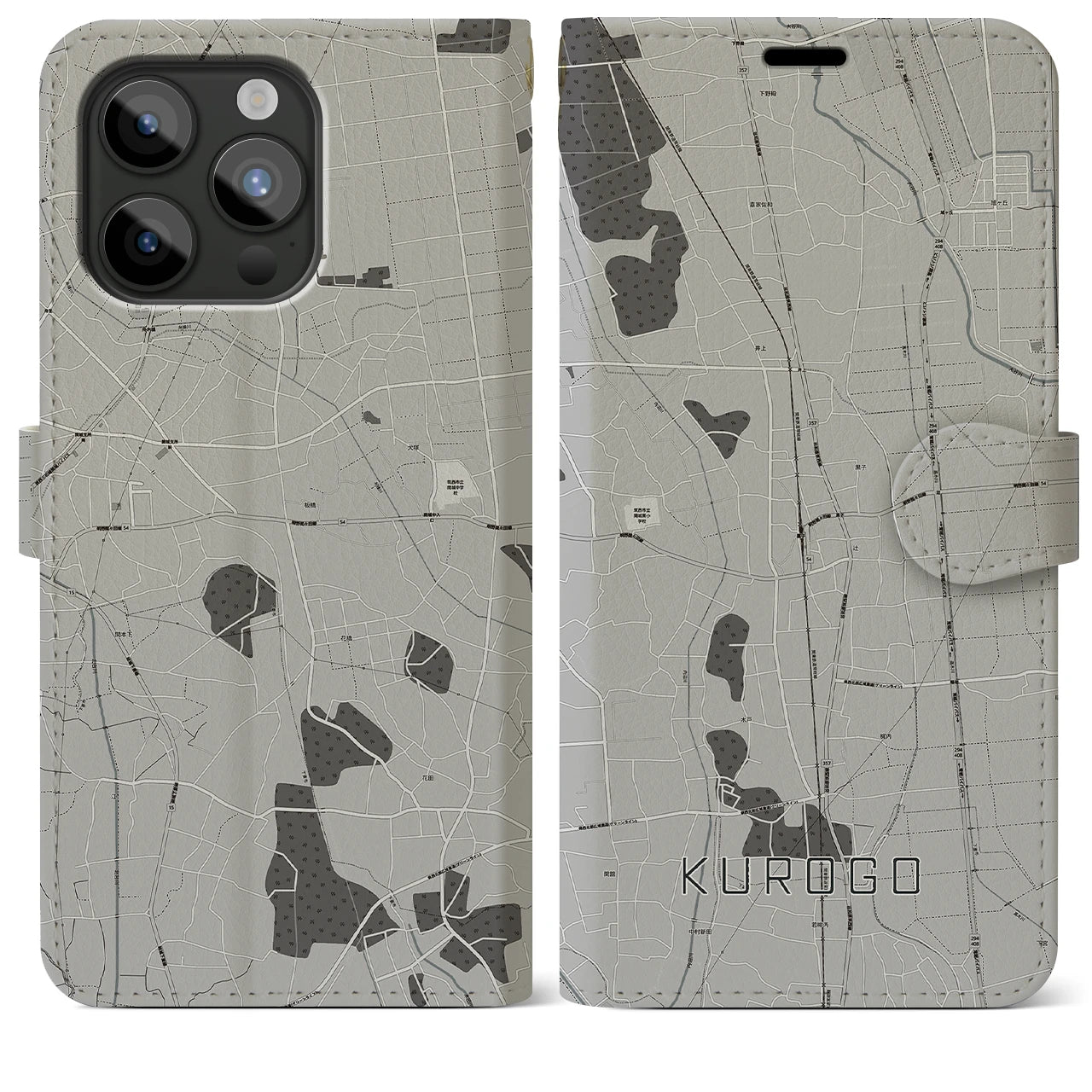 【黒子(茨城県)】地図柄iPhoneケース(手帳タイプ)モノトーン・iPhone 15 Pro Max 用