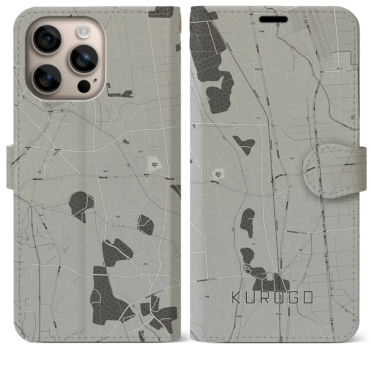【黒子(茨城県)】地図柄iPhoneケース(手帳タイプ)モノトーン・iPhone 16 Plus 用