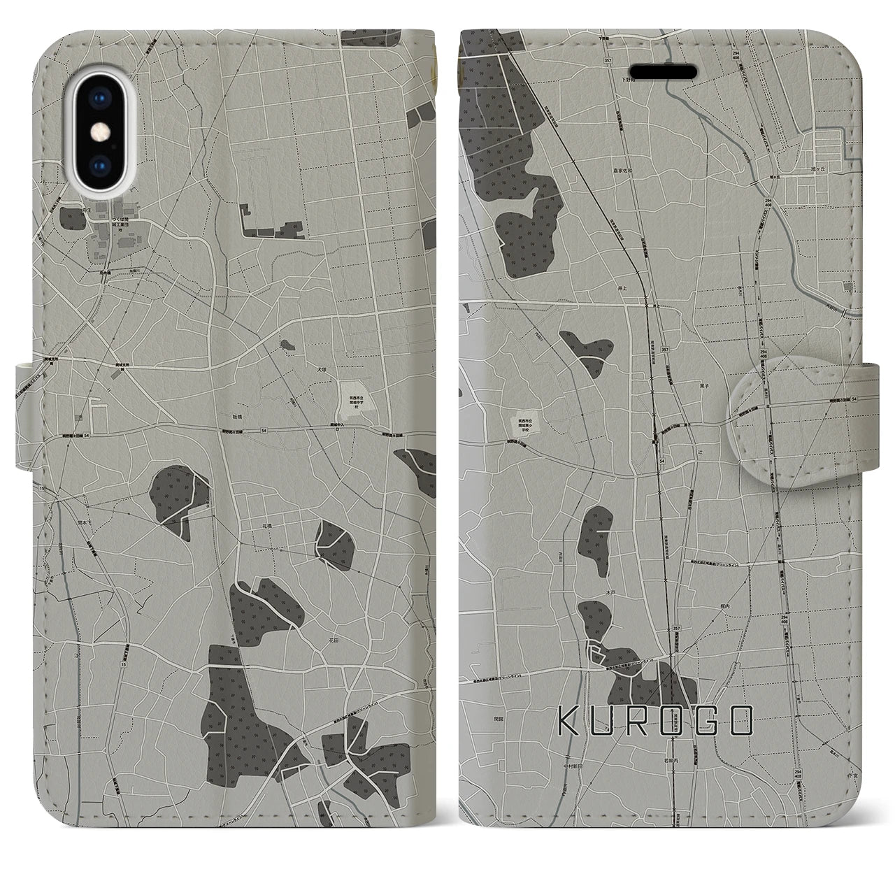 【黒子(茨城県)】地図柄iPhoneケース(手帳タイプ)モノトーン・iPhone XS Max 用