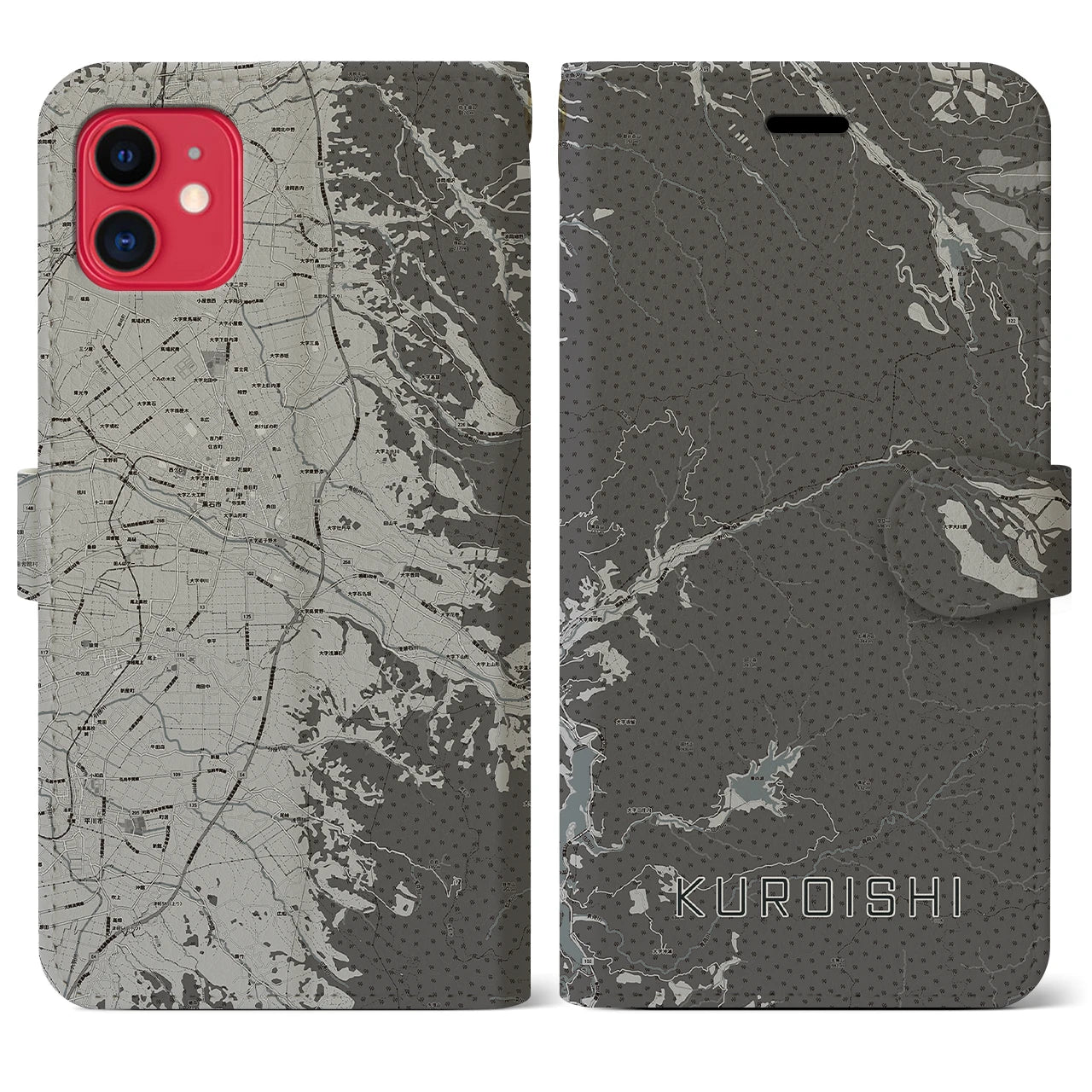 【黒石(青森県)】地図柄iPhoneケース(手帳タイプ)モノトーン・iPhone 11 用