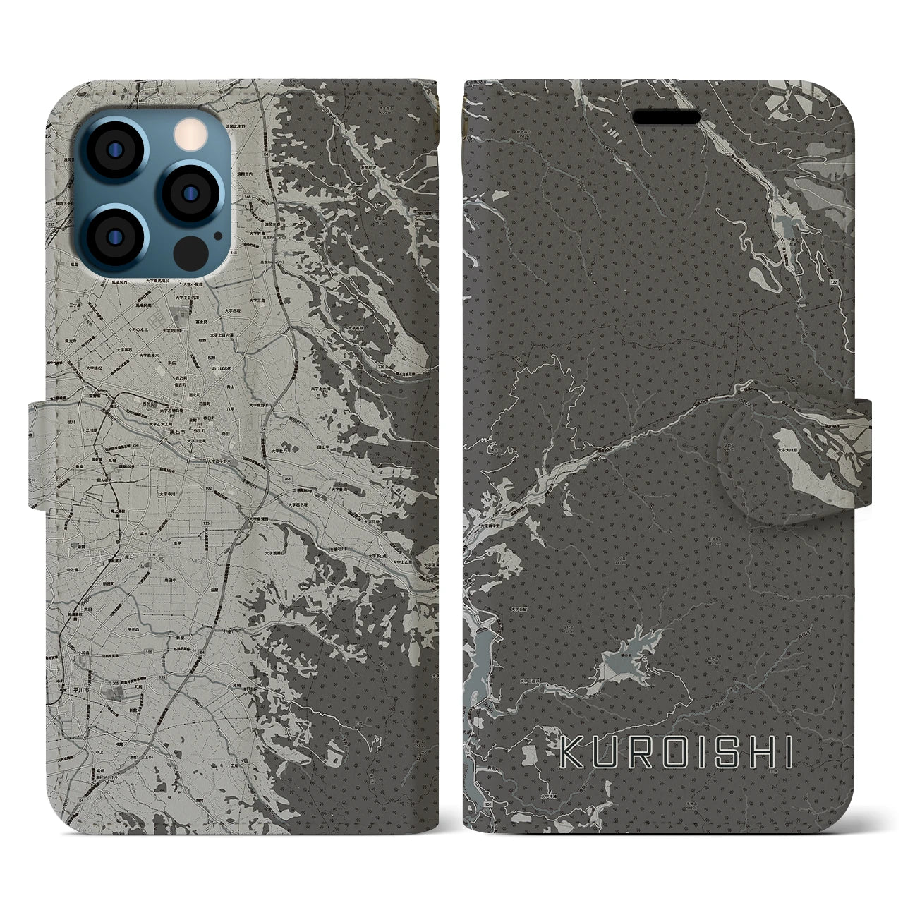 【黒石(青森県)】地図柄iPhoneケース(手帳タイプ)モノトーン・iPhone 12 / 12 Pro 用