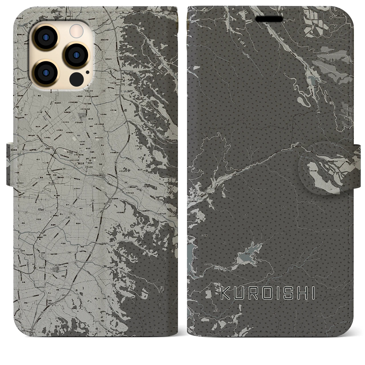 【黒石(青森県)】地図柄iPhoneケース(手帳タイプ)モノトーン・iPhone 12 Pro Max 用