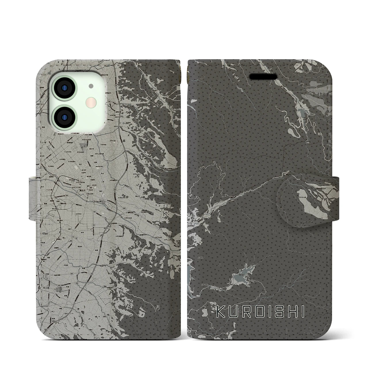 【黒石(青森県)】地図柄iPhoneケース(手帳タイプ)モノトーン・iPhone 12 mini 用