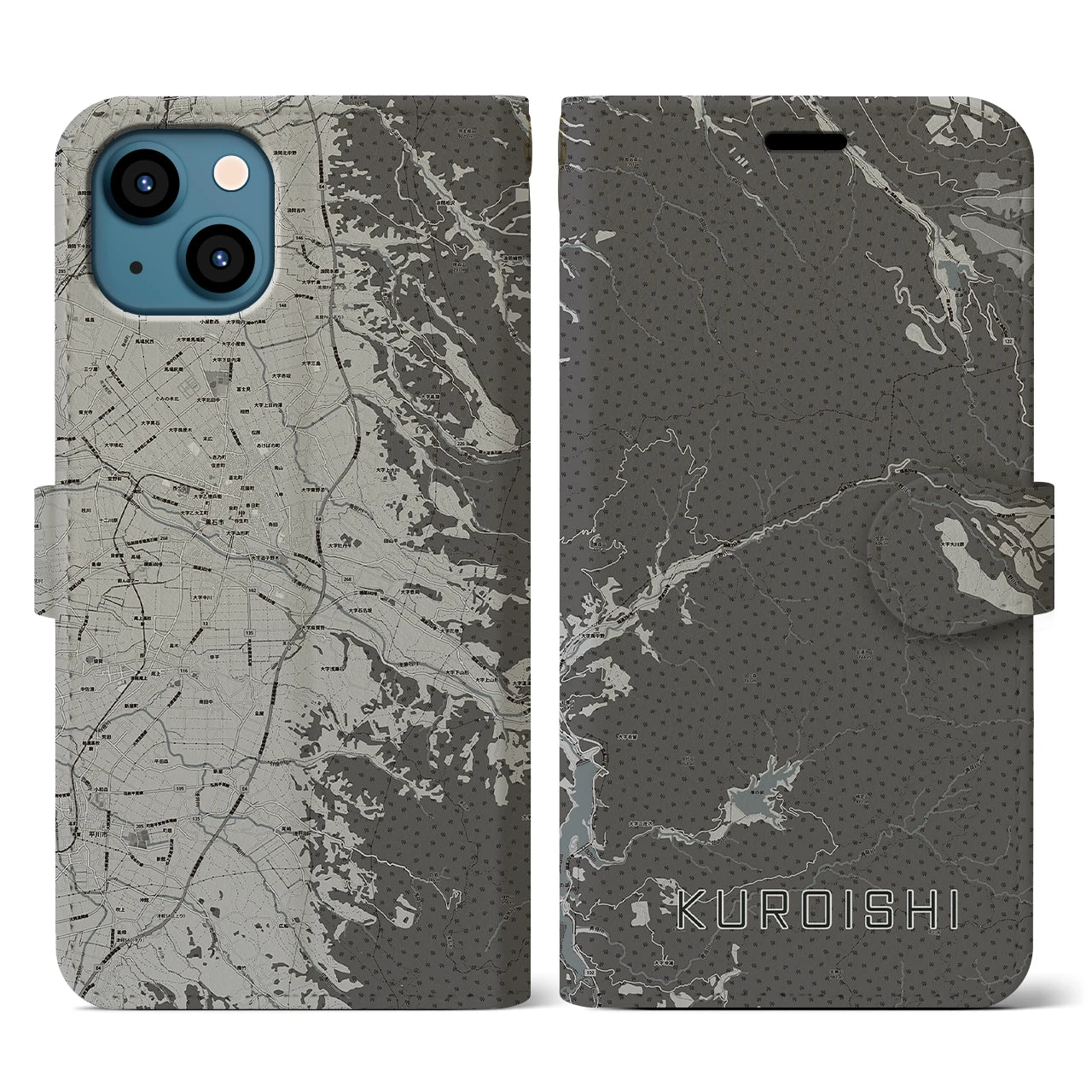 【黒石(青森県)】地図柄iPhoneケース(手帳タイプ)モノトーン・iPhone 13 用