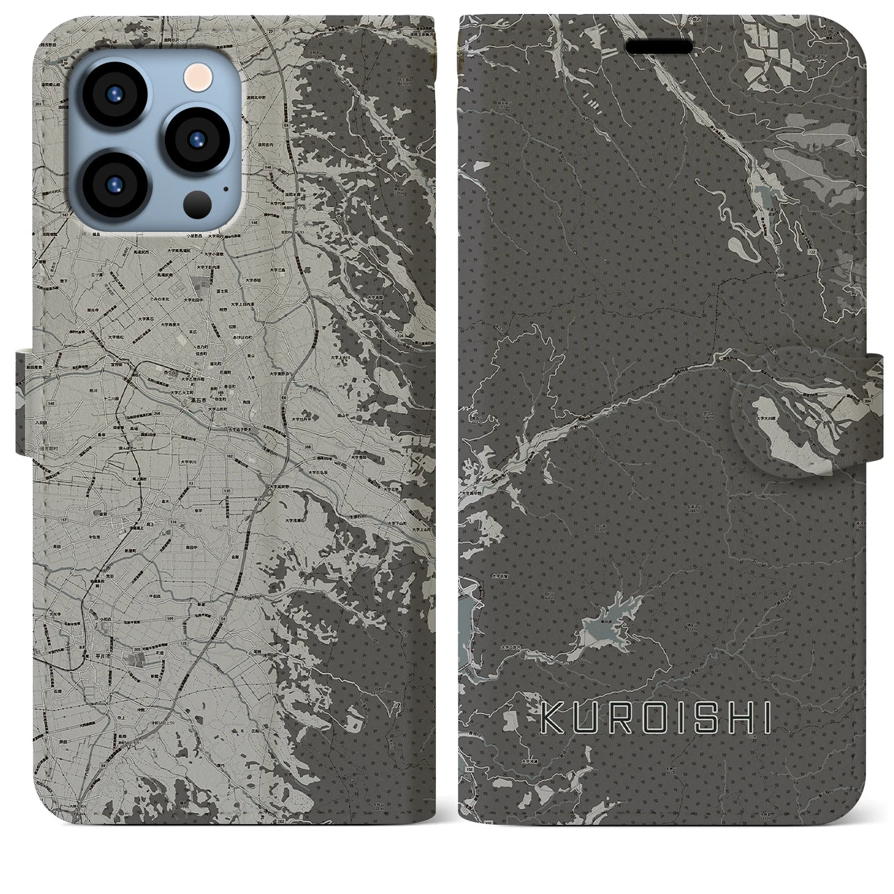 【黒石(青森県)】地図柄iPhoneケース(手帳タイプ)モノトーン・iPhone 13 Pro Max 用