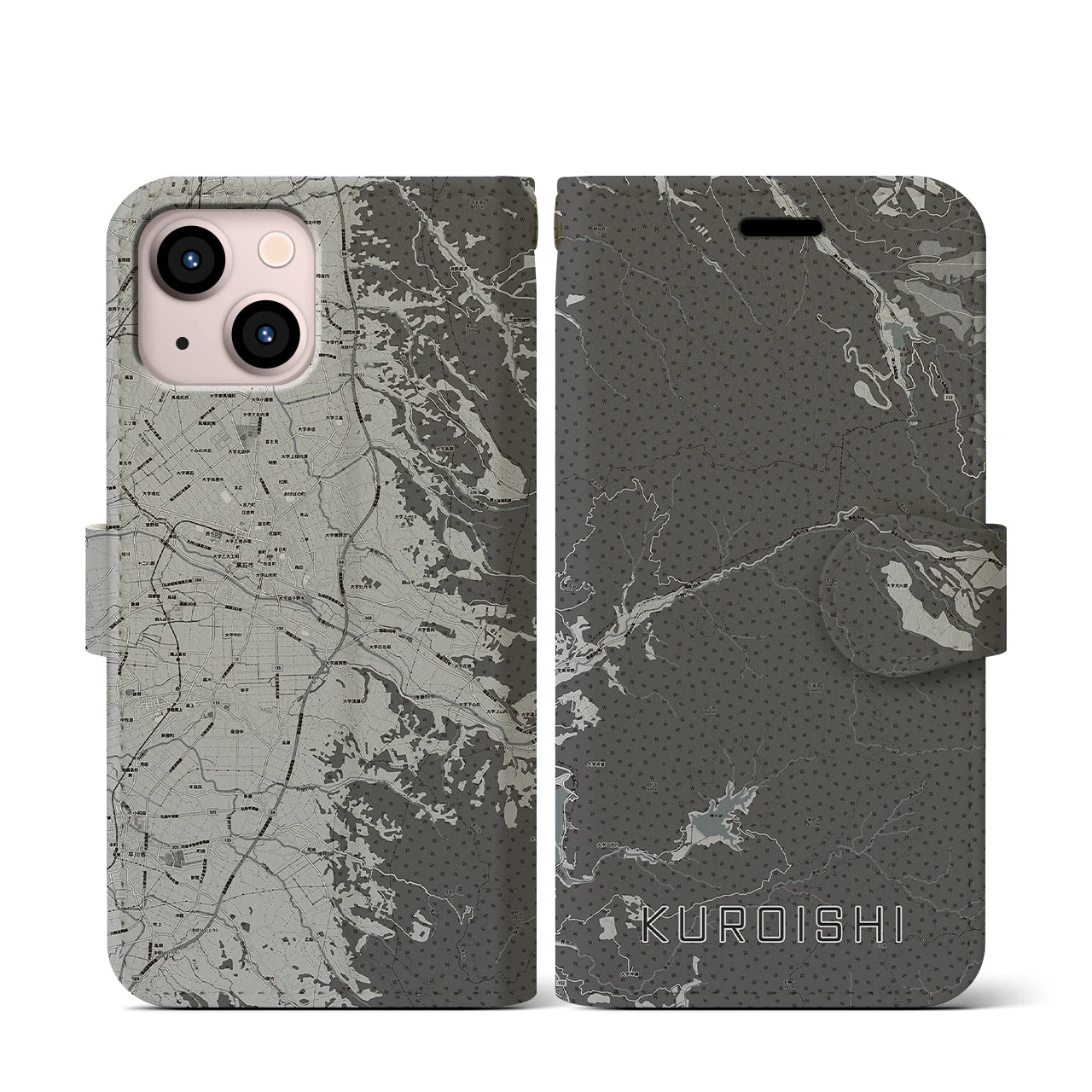 【黒石(青森県)】地図柄iPhoneケース(手帳タイプ)モノトーン・iPhone 13 mini 用