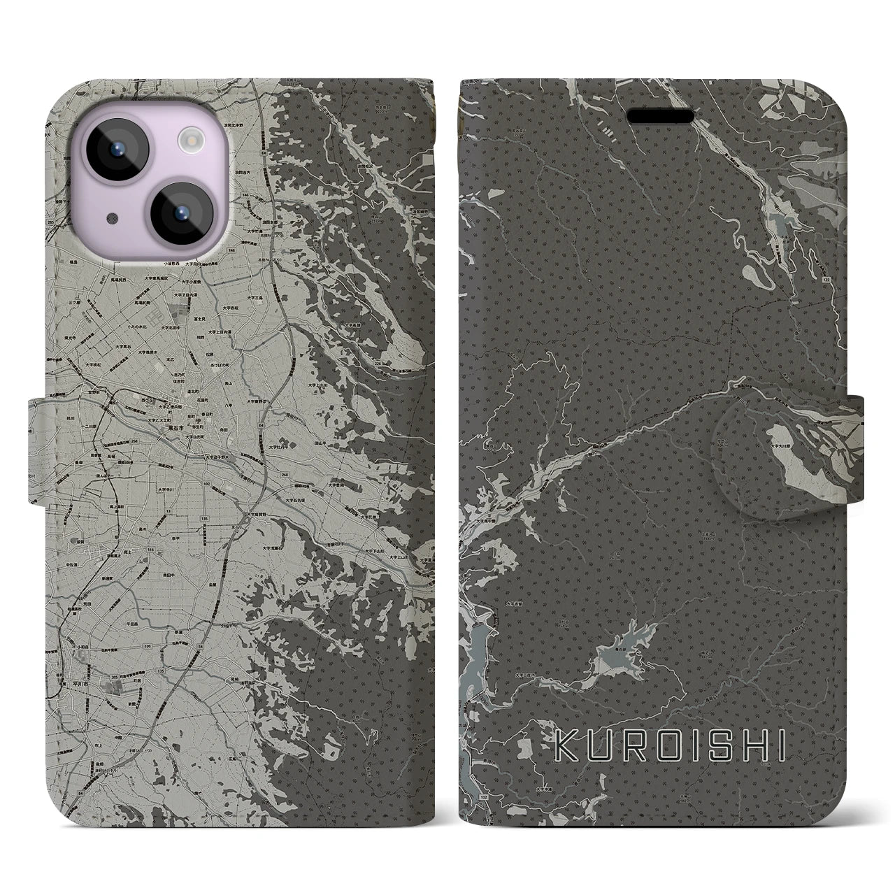 【黒石(青森県)】地図柄iPhoneケース(手帳タイプ)モノトーン・iPhone 14 用