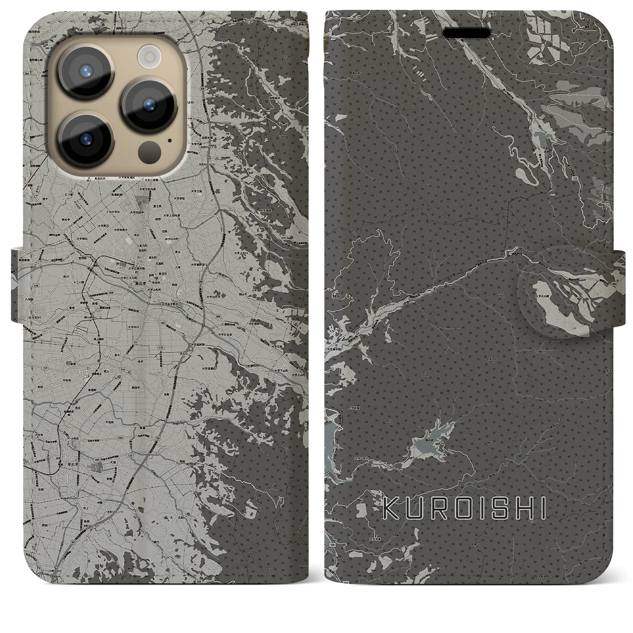 【黒石(青森県)】地図柄iPhoneケース(手帳タイプ)モノトーン・iPhone 14 Pro Max 用