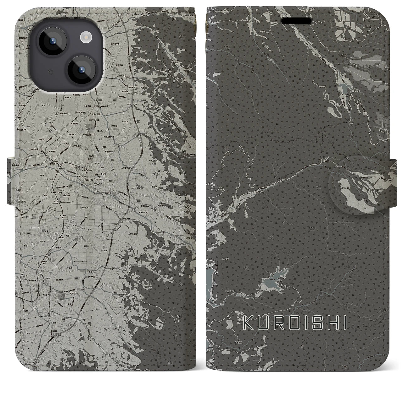 【黒石(青森県)】地図柄iPhoneケース(手帳タイプ)モノトーン・iPhone 14 Plus 用