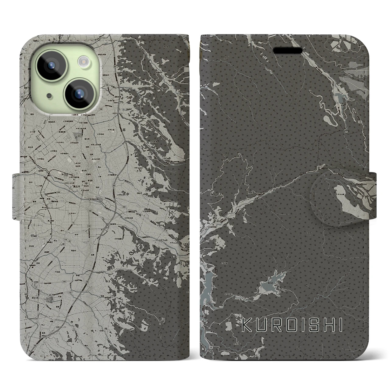 【黒石(青森県)】地図柄iPhoneケース(手帳タイプ)モノトーン・iPhone 15 用