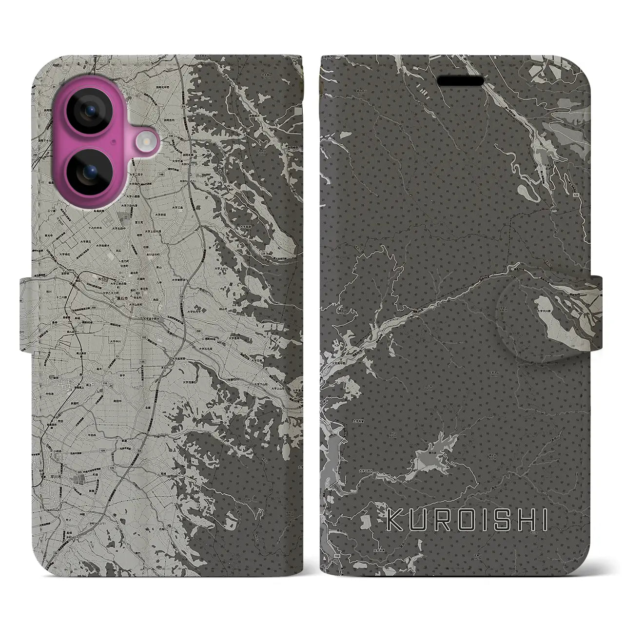 【黒石(青森県)】地図柄iPhoneケース(手帳タイプ)モノトーン・iPhone 16 Pro 用