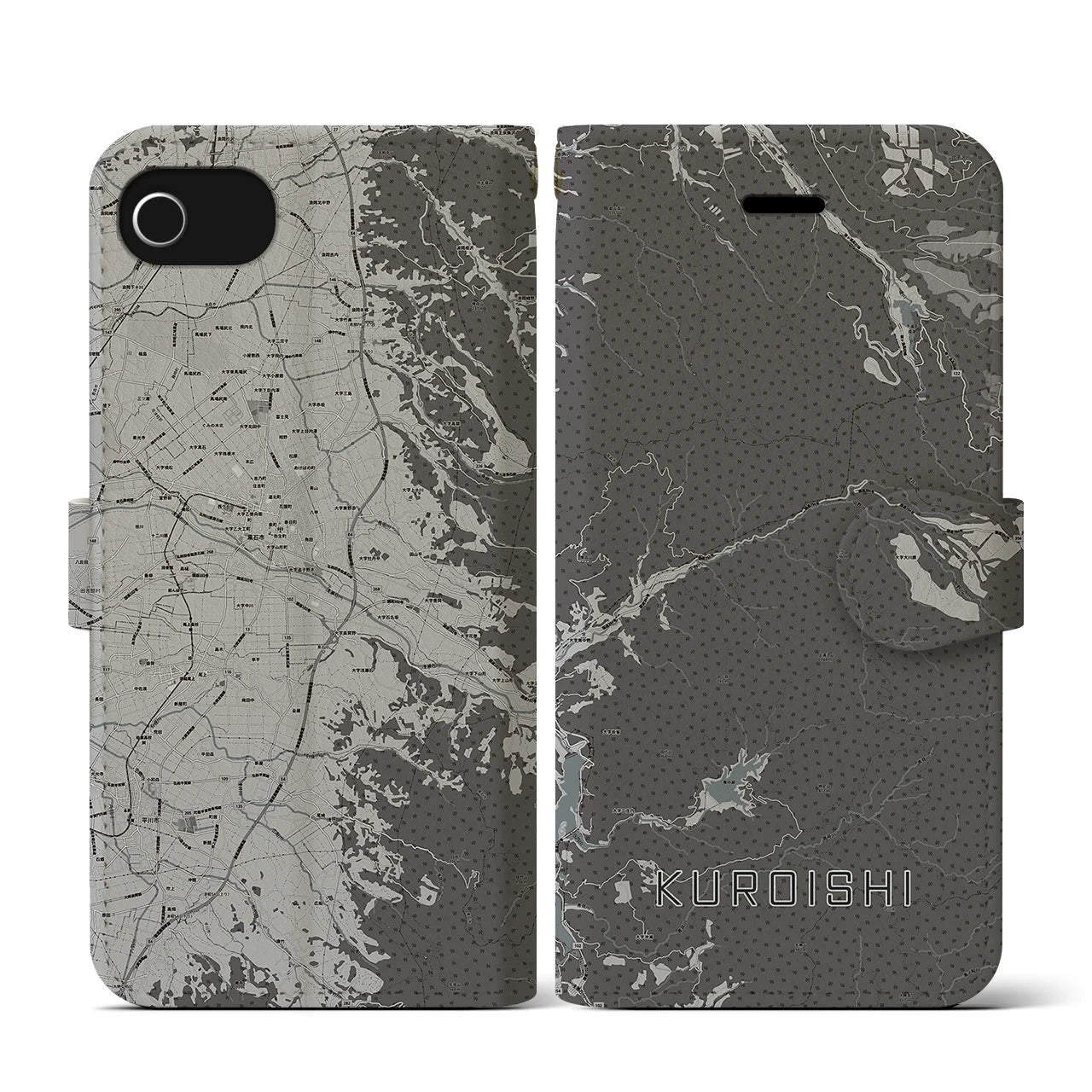 【黒石(青森県)】地図柄iPhoneケース(手帳タイプ)モノトーン・iPhone SE(第3 / 第2世代) / 8 / 7 / 6s / 6 用