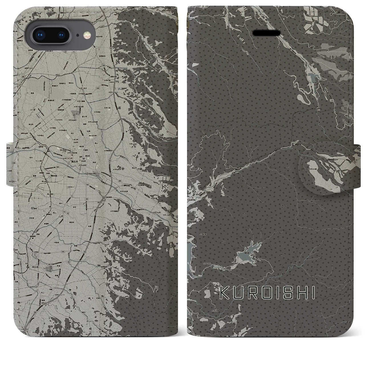 【黒石(青森県)】地図柄iPhoneケース(手帳タイプ)モノトーン・iPhone 8Plus /7Plus / 6sPlus / 6Plus 用