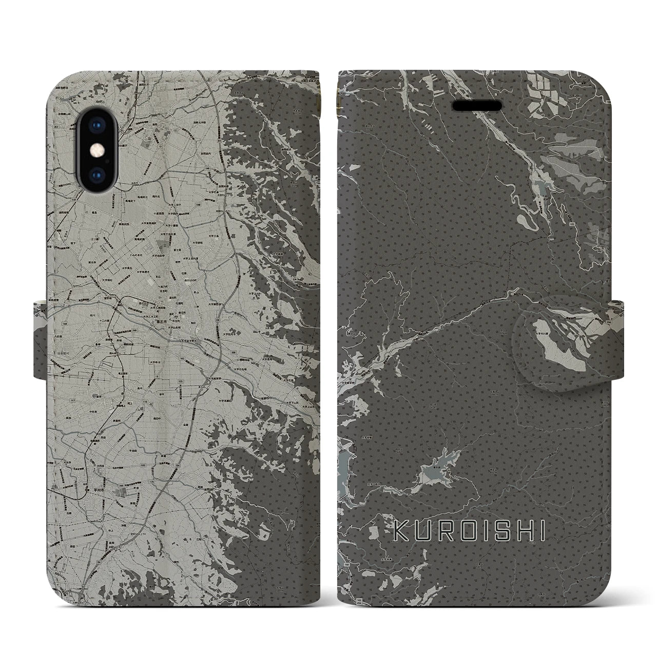 【黒石(青森県)】地図柄iPhoneケース(手帳タイプ)モノトーン・iPhone XS / X 用