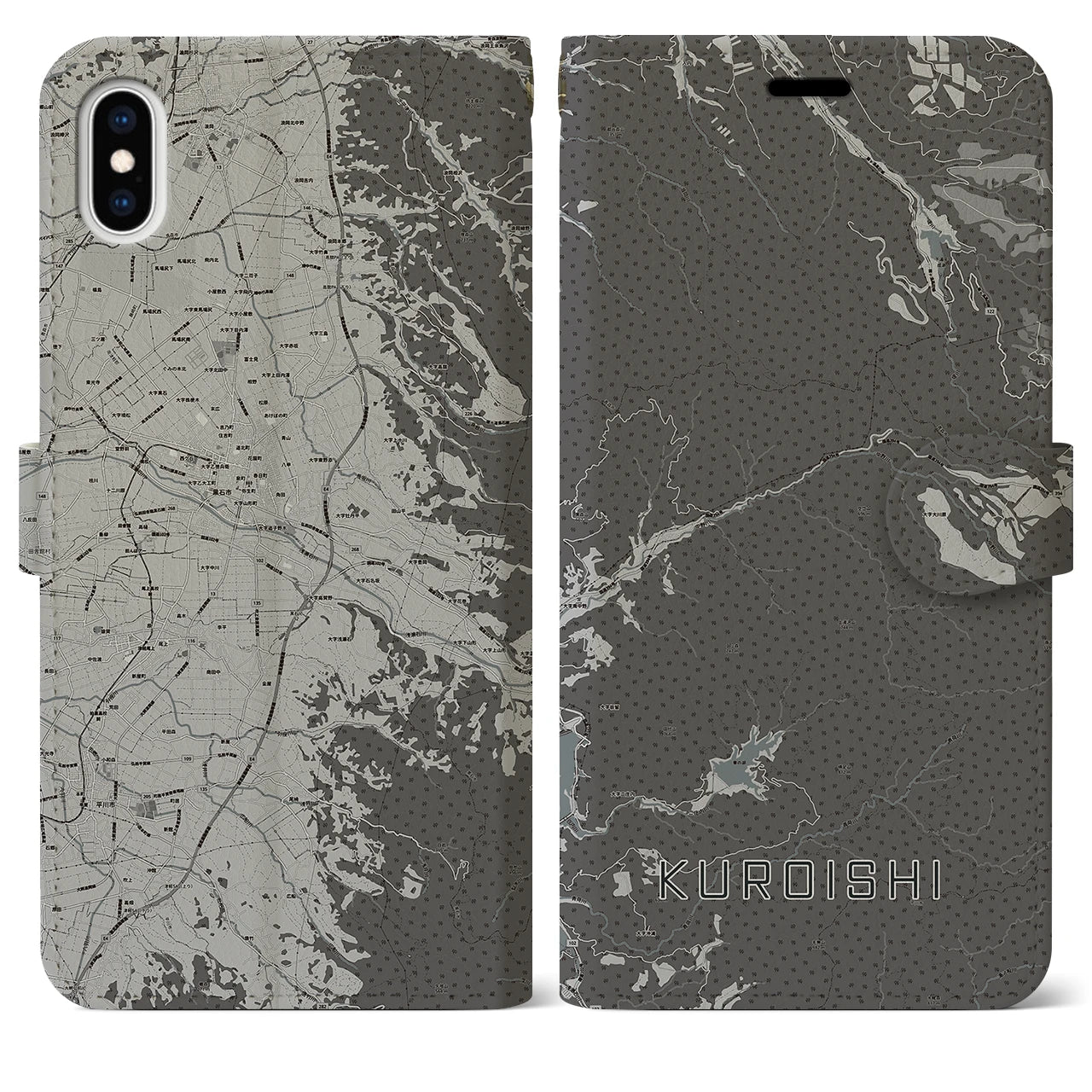 【黒石(青森県)】地図柄iPhoneケース(手帳タイプ)モノトーン・iPhone XS Max 用