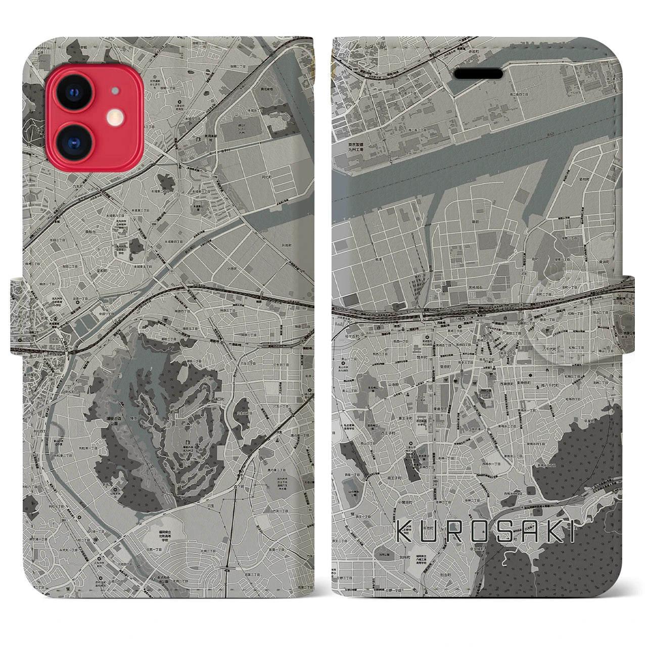 【黒崎(福岡県)】地図柄iPhoneケース(手帳タイプ)モノトーン・iPhone 11 用