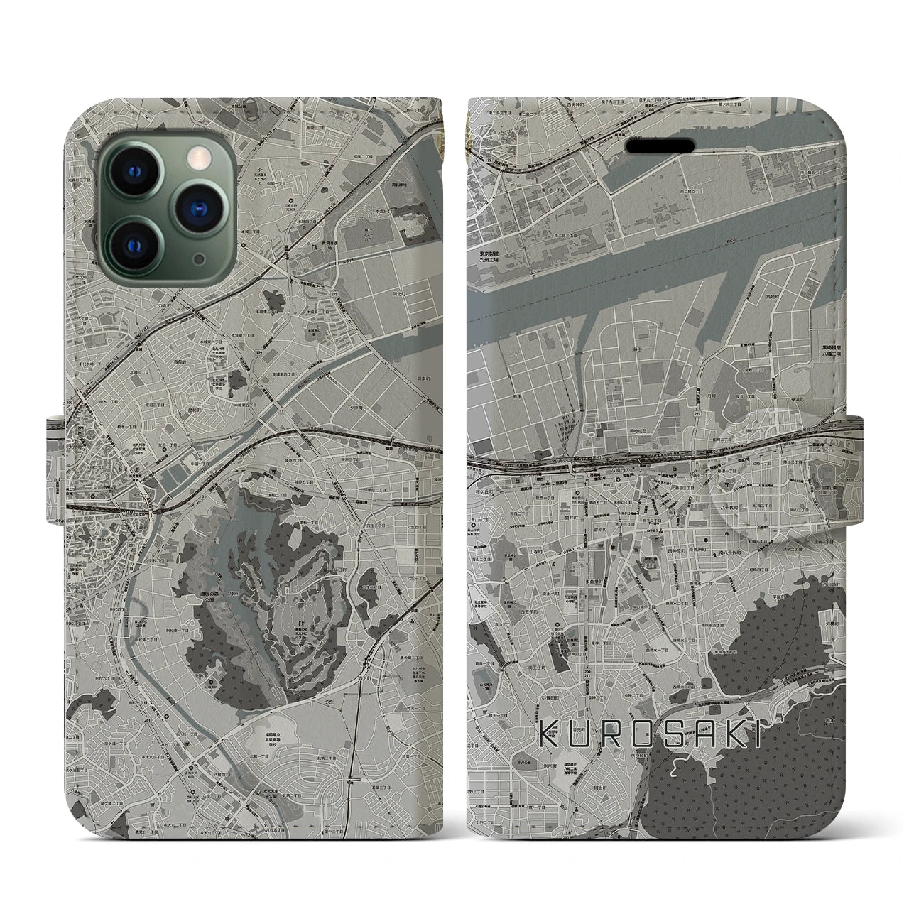 【黒崎(福岡県)】地図柄iPhoneケース(手帳タイプ)モノトーン・iPhone 11 Pro 用