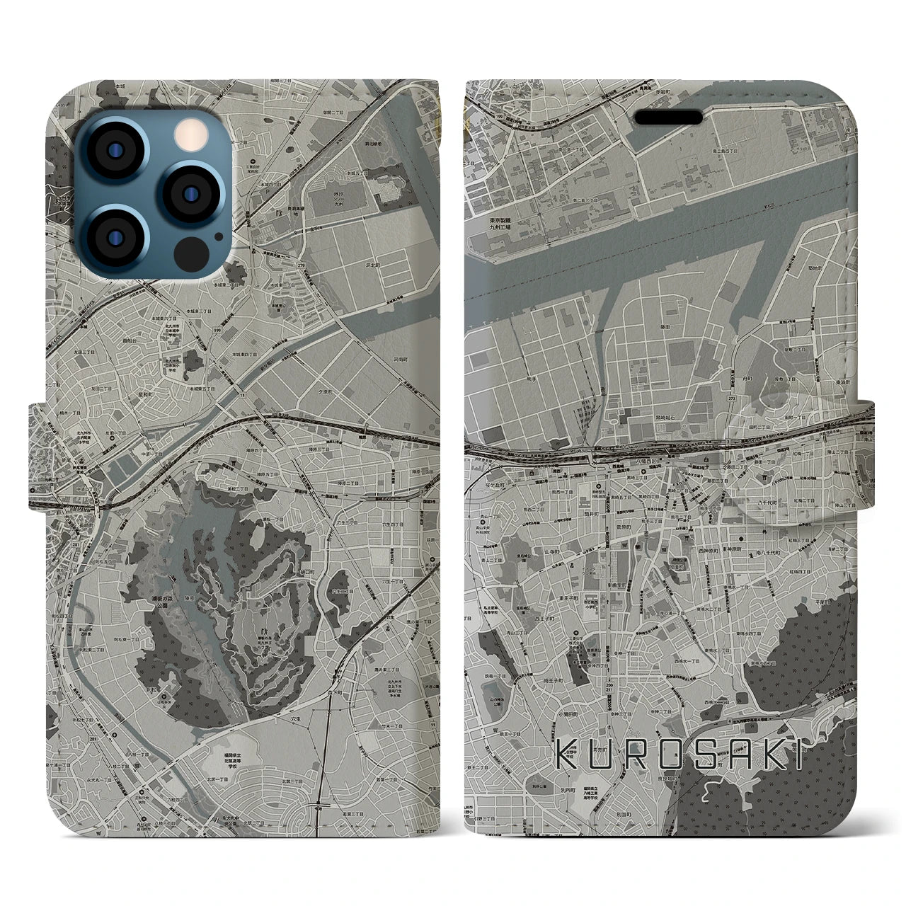 【黒崎(福岡県)】地図柄iPhoneケース(手帳タイプ)モノトーン・iPhone 12 / 12 Pro 用