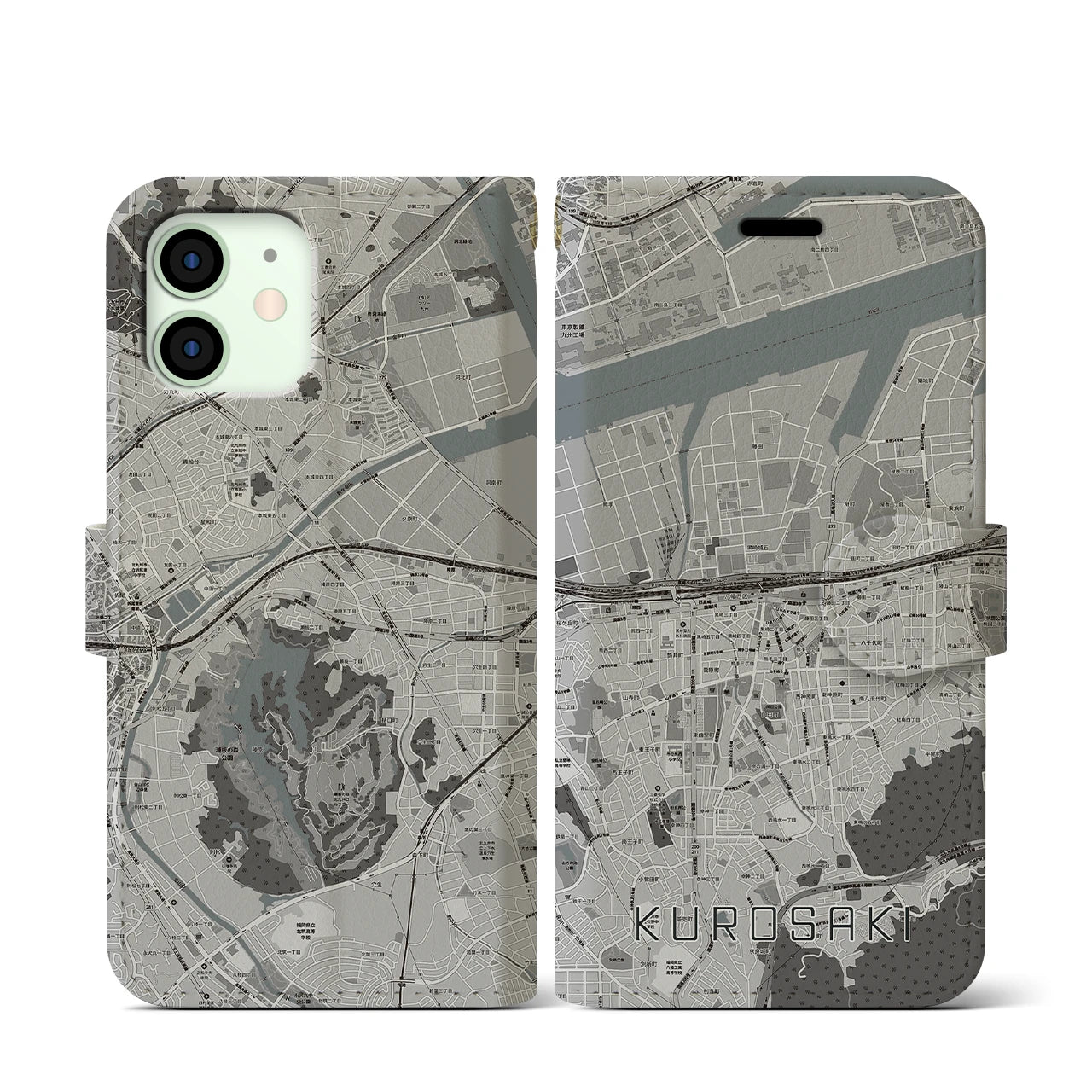 【黒崎(福岡県)】地図柄iPhoneケース(手帳タイプ)モノトーン・iPhone 12 mini 用