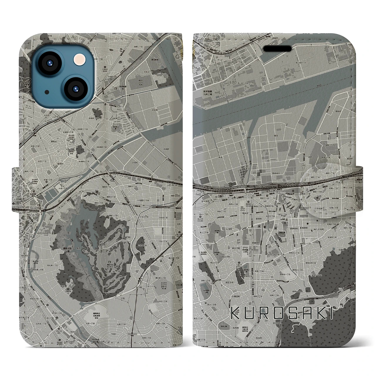 【黒崎(福岡県)】地図柄iPhoneケース(手帳タイプ)モノトーン・iPhone 13 用