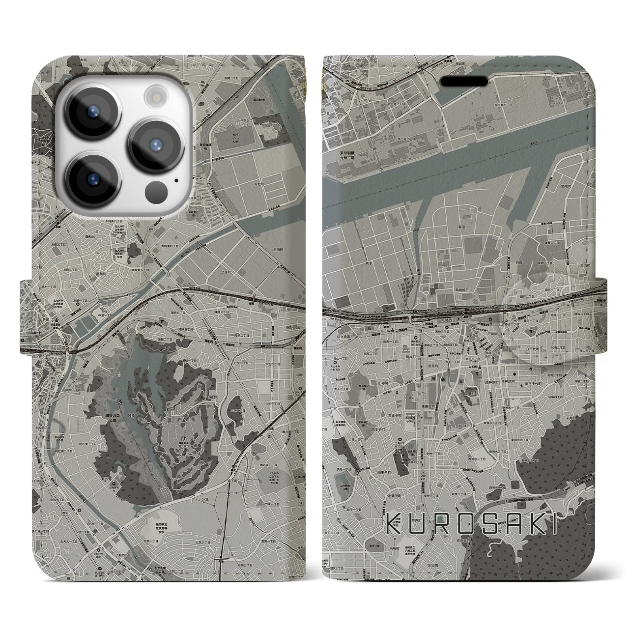 【黒崎(福岡県)】地図柄iPhoneケース(手帳タイプ)モノトーン・iPhone 14 Pro 用
