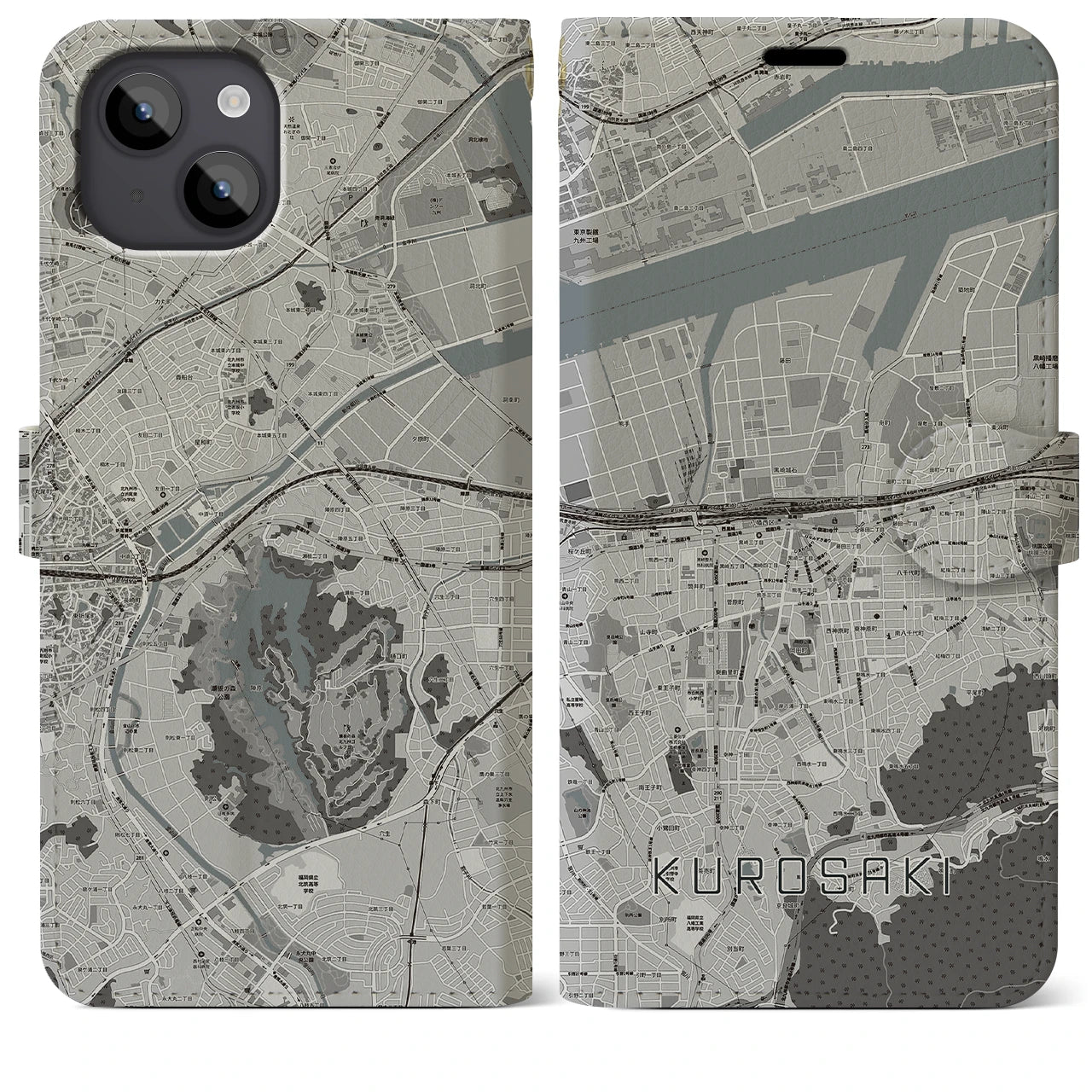 【黒崎(福岡県)】地図柄iPhoneケース(手帳タイプ)モノトーン・iPhone 14 Plus 用