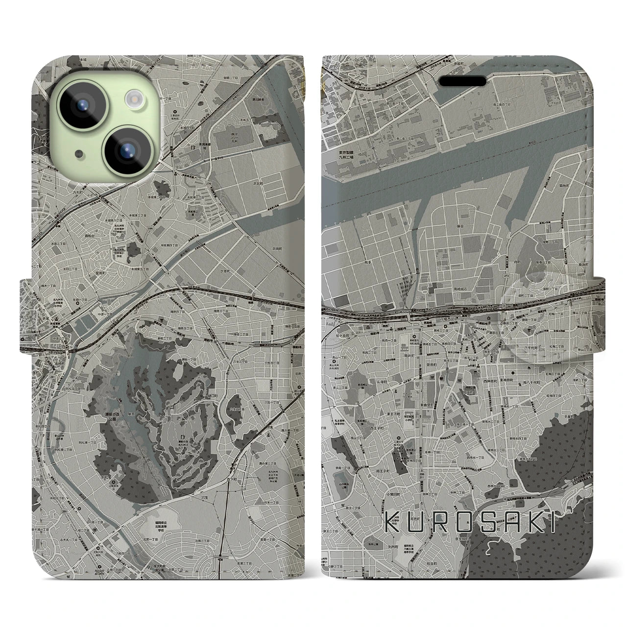 【黒崎(福岡県)】地図柄iPhoneケース(手帳タイプ)モノトーン・iPhone 15 用