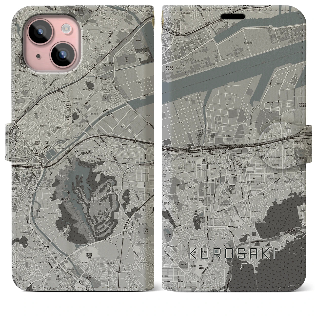 【黒崎(福岡県)】地図柄iPhoneケース(手帳タイプ)モノトーン・iPhone 15 Plus 用