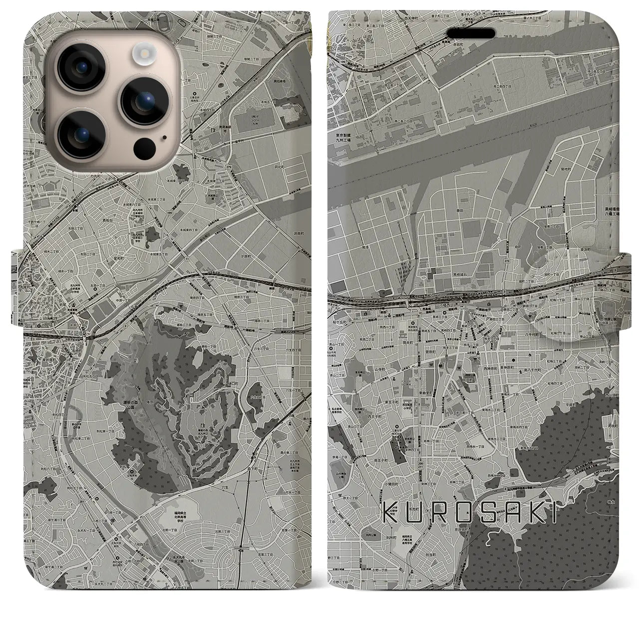 【黒崎(福岡県)】地図柄iPhoneケース(手帳タイプ)モノトーン・iPhone 16 Plus 用