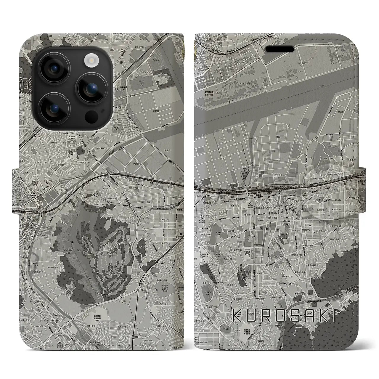 【黒崎(福岡県)】地図柄iPhoneケース(手帳タイプ)モノトーン・iPhone 16 用