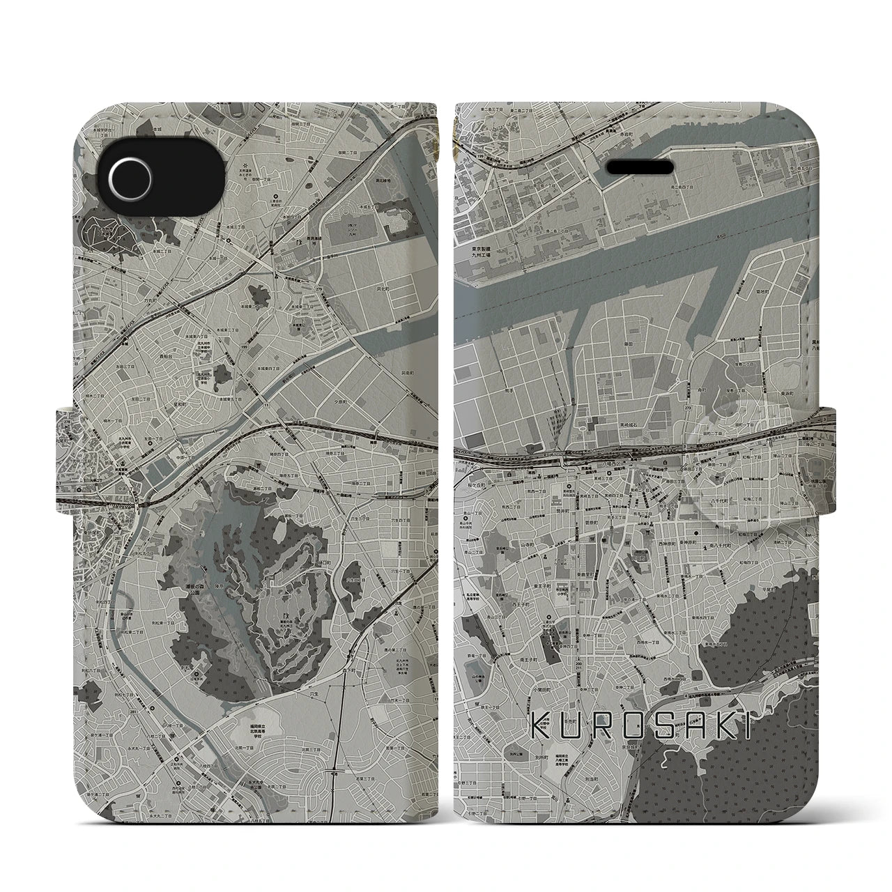 【黒崎(福岡県)】地図柄iPhoneケース(手帳タイプ)モノトーン・iPhone SE(第3 / 第2世代) / 8 / 7 / 6s / 6 用