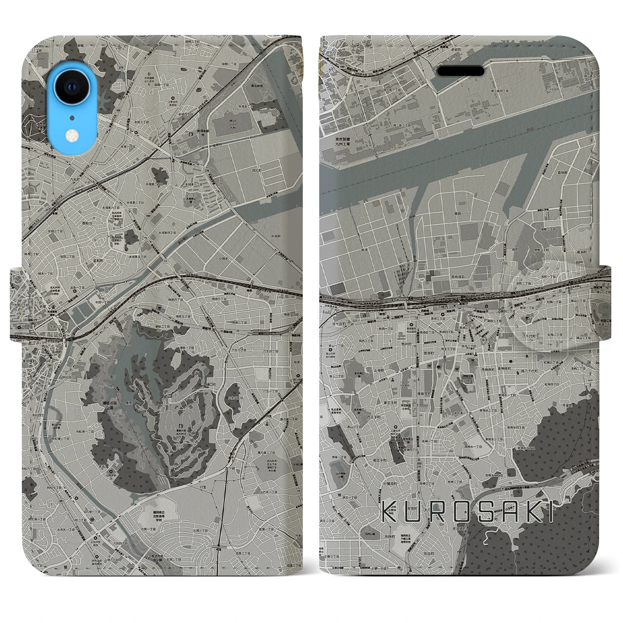 【黒崎(福岡県)】地図柄iPhoneケース(手帳タイプ)モノトーン・iPhone XR 用