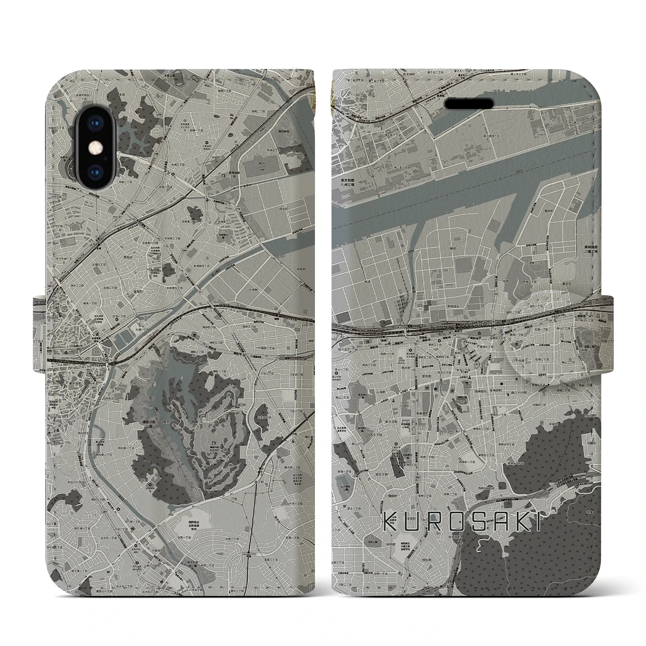【黒崎(福岡県)】地図柄iPhoneケース(手帳タイプ)モノトーン・iPhone XS / X 用