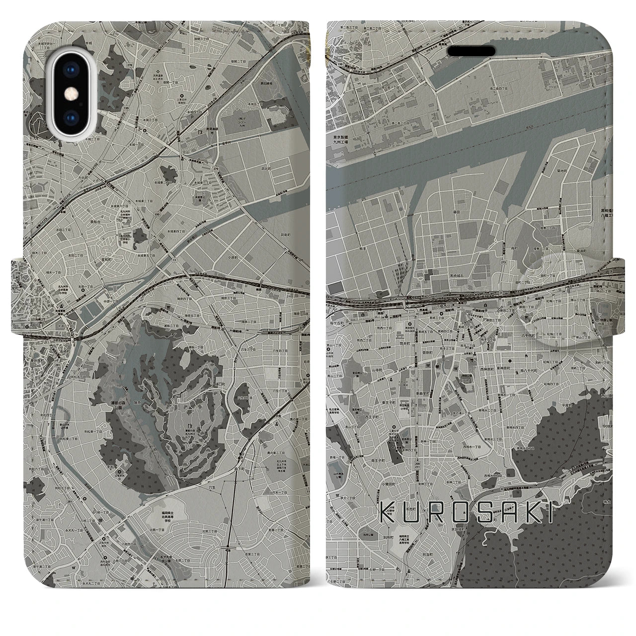 【黒崎(福岡県)】地図柄iPhoneケース(手帳タイプ)モノトーン・iPhone XS Max 用