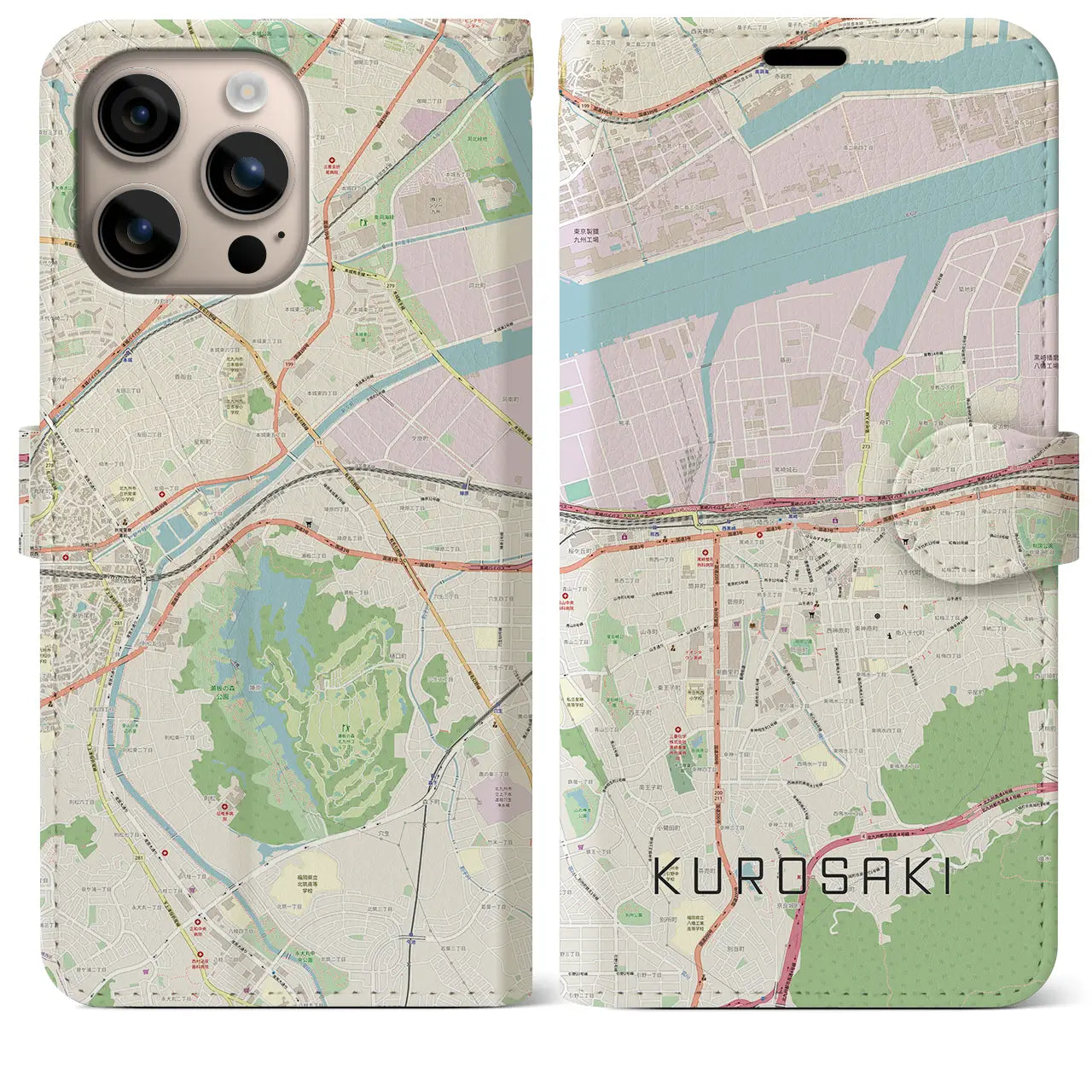 【黒崎(福岡県)】地図柄iPhoneケース(手帳タイプ)ナチュラル・iPhone 16 Plus 用