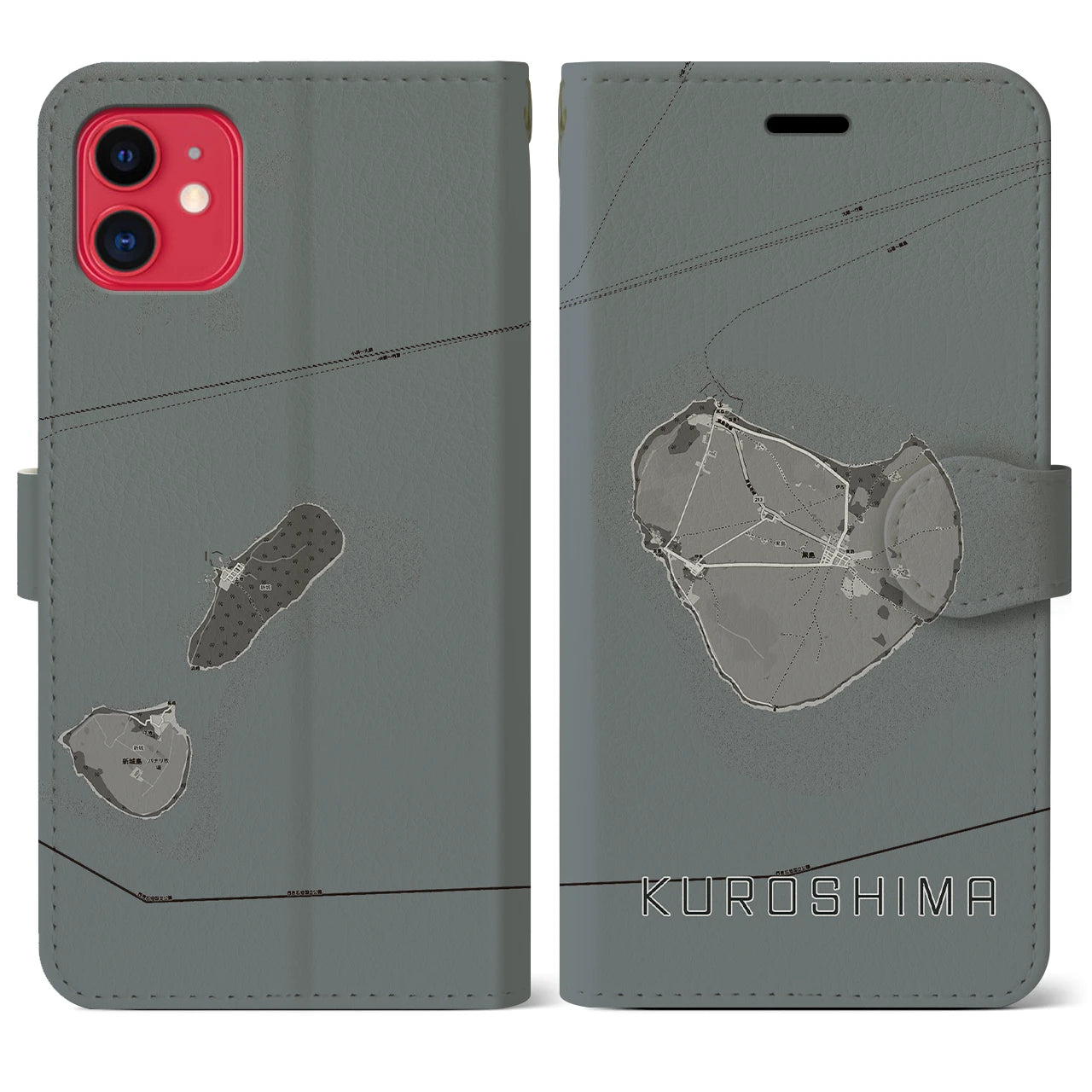 【黒島(沖縄県)】地図柄iPhoneケース(手帳タイプ)モノトーン・iPhone 11 用