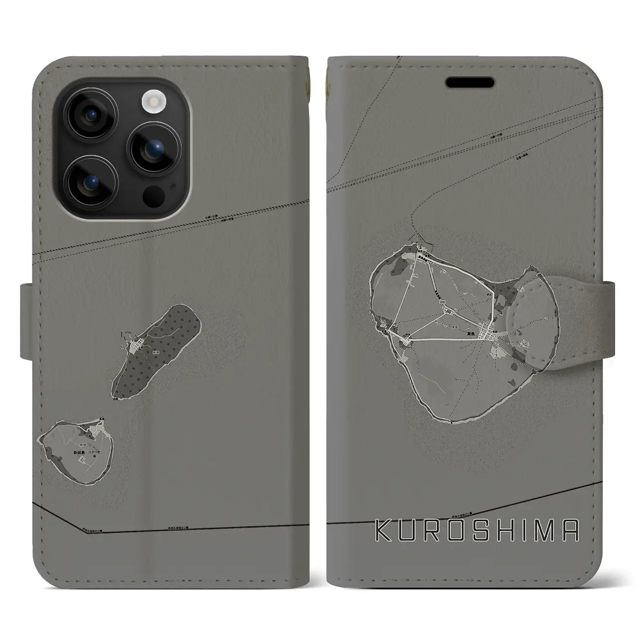 【黒島(沖縄県)】地図柄iPhoneケース(手帳タイプ)モノトーン・iPhone 16 用