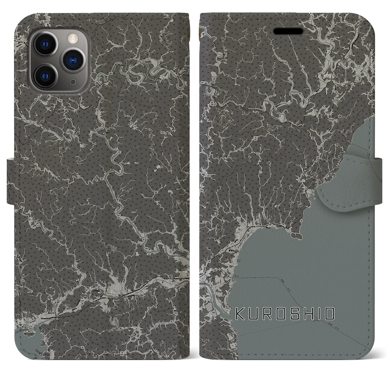 【黒潮(高知県)】地図柄iPhoneケース(手帳タイプ)モノトーン・iPhone 11 Pro Max 用