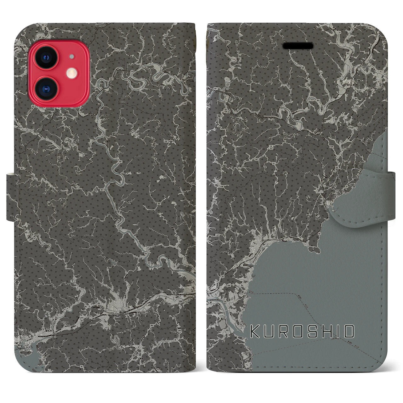 【黒潮(高知県)】地図柄iPhoneケース(手帳タイプ)モノトーン・iPhone 11 用