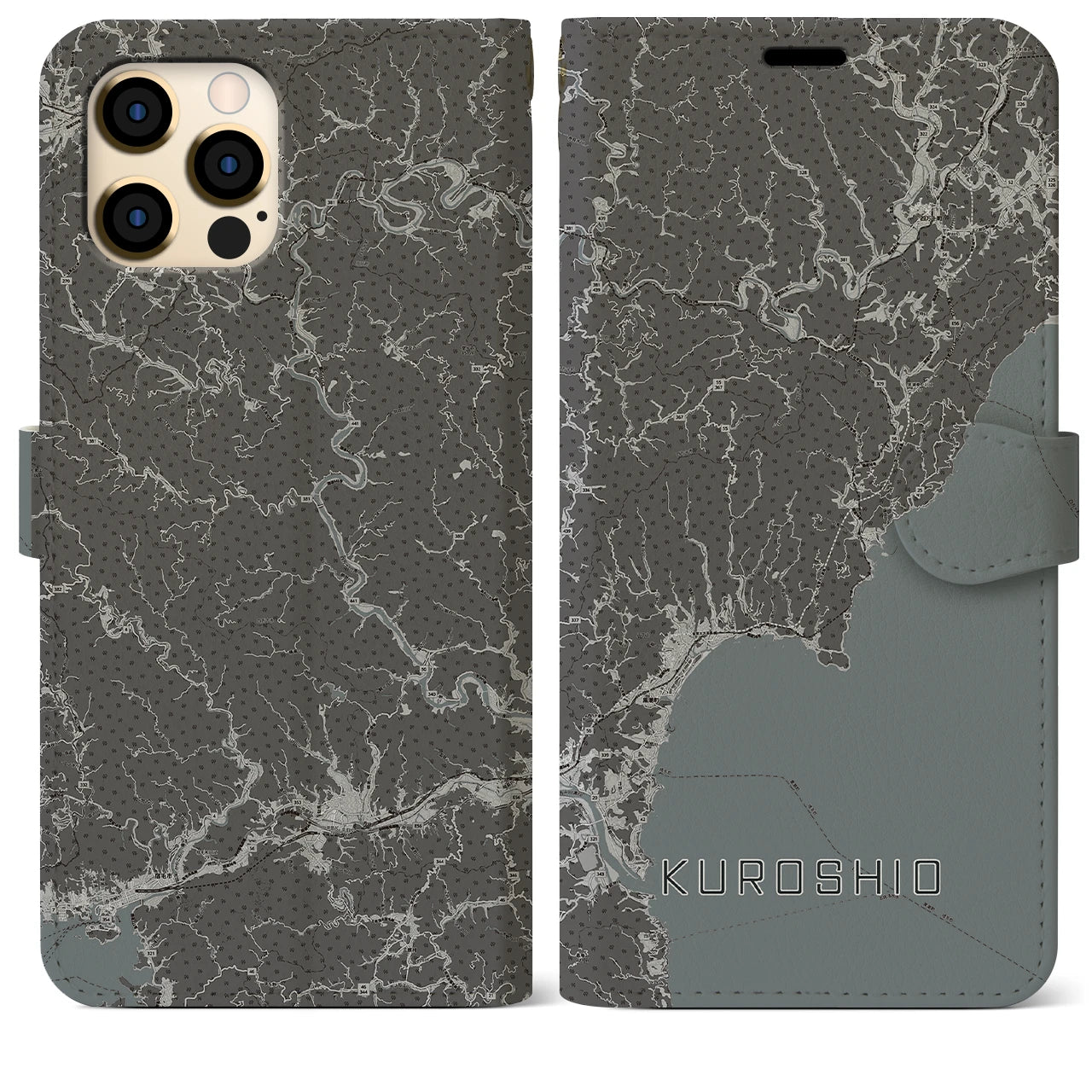 【黒潮(高知県)】地図柄iPhoneケース(手帳タイプ)モノトーン・iPhone 12 Pro Max 用
