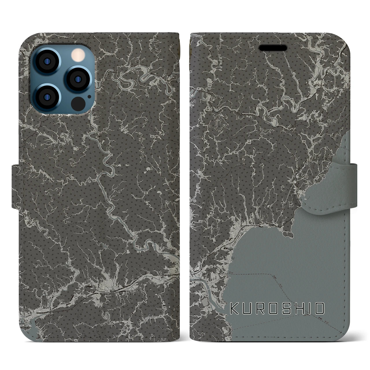 【黒潮(高知県)】地図柄iPhoneケース(手帳タイプ)モノトーン・iPhone 12 / 12 Pro 用