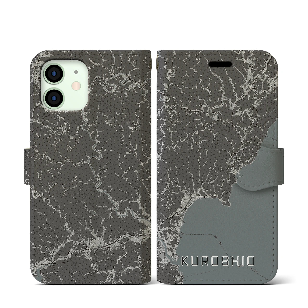 【黒潮(高知県)】地図柄iPhoneケース(手帳タイプ)モノトーン・iPhone 12 mini 用